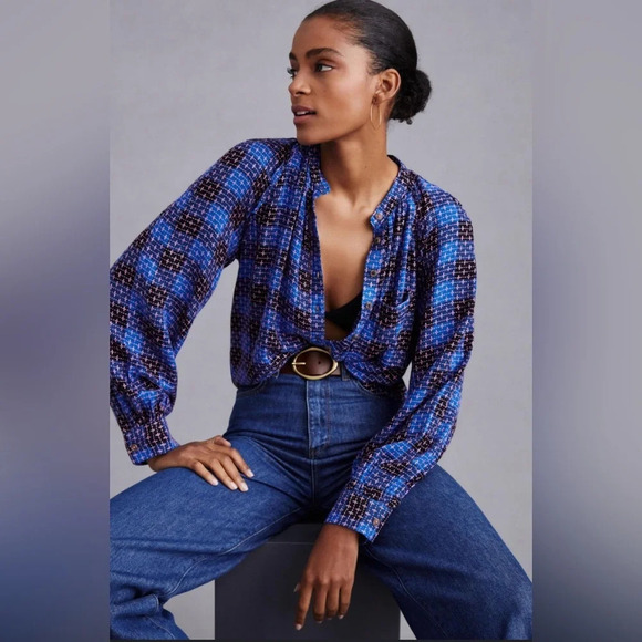 PILCRO by ANTHROPOLOGIE Plaid Buttondown Shirt in Blue Motif - Picture 1 of 10